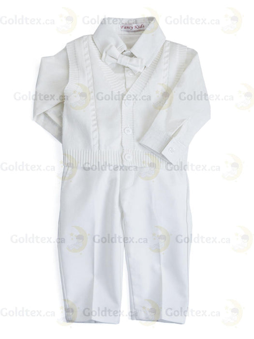 Formal Kids Wear - Elegant Boys Baptism Suit Set – White or Ivory with Knitted Blazer, Suspenders & Bow Tie