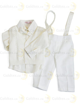 Formal Kids Wear - Elegant Boys Baptism Suit Set – White or Ivory with Knitted Blazer, Suspenders & Bow Tie