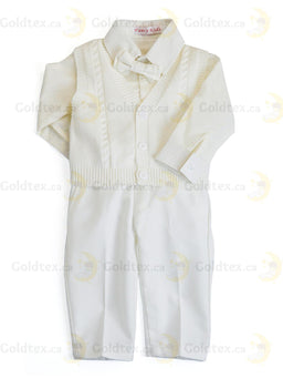 Formal Kids Wear - Elegant Boys Baptism Suit Set – White or Ivory with Knitted Blazer, Suspenders & Bow Tie