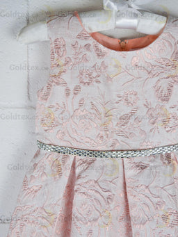 Formal Kids Wear - Formal Kids Wear Elegant Girls Brocade Dress with Floral Pattern & Rhinestone Belt - Baby to Youth Sizes