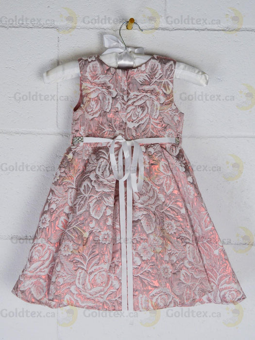 Formal Kids Wear - Formal Kids Wear Elegant Girls Brocade Dress with Floral Pattern & Rhinestone Belt - Baby to Youth Sizes