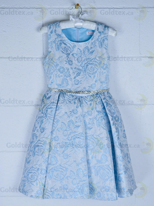Formal Kids Wear - Formal Kids Wear Elegant Girls Brocade Dress with Floral Pattern & Rhinestone Belt - Baby to Youth Sizes