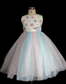 Formal Kids Wear - Formal Kids Wear Stylish Girls Blue and Pink Tulle Dress with Floral Appliqué – Toddler & Youth Sizes