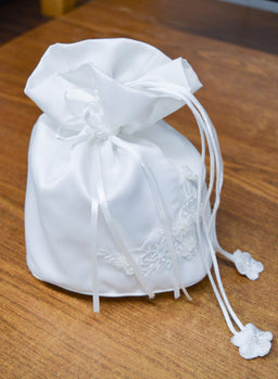 Formal Kids Wear - Girls Silky Drawstring Accessory Bag with Floral Embroidery – Perfect for Communion & Flower Girls