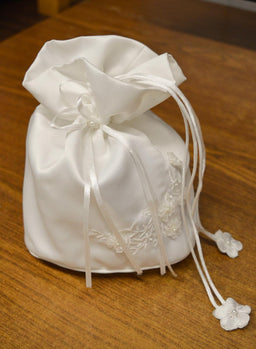 Formal Kids Wear - Girls Silky Drawstring Accessory Bag with Floral Embroidery – Perfect for Communion & Flower Girls