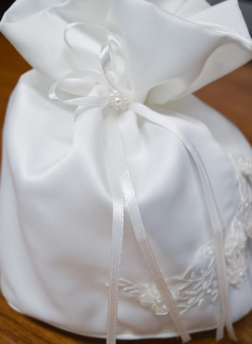 Formal Kids Wear - Girls Silky Drawstring Accessory Bag with Floral Embroidery – Perfect for Communion & Flower Girls