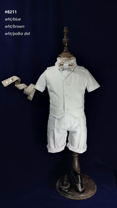 Formal Kids Wear - Stylish Boys Baptism Suit Set with Suspenders, Bow Tie & Vest – Choose Blue, Brown, White, or Polka Dot (3m to 30m)