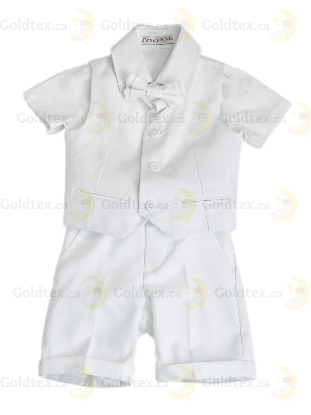 Formal Kids Wear - Stylish Boys Baptism Suit Set with Suspenders, Bow Tie & Vest – Choose Blue, Brown, White, or Polka Dot (3m to 30m)