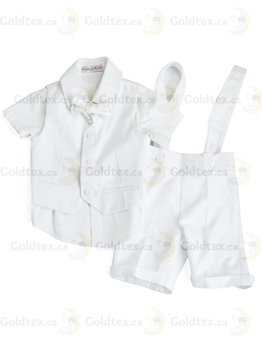 Formal Kids Wear - Stylish Boys Baptism Suit Set with Suspenders, Bow Tie & Vest – Choose Blue, Brown, White, or Polka Dot (3m to 30m)