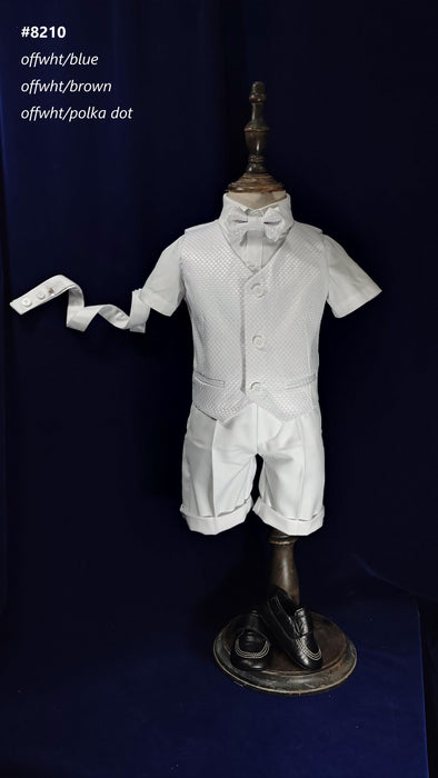 Formal Kids Wear - Stylish Boys Baptism Suit Set with Suspenders, Bow Tie & Vest – Choose Blue, Brown, White, or Polka Dot (3m to 30m)
