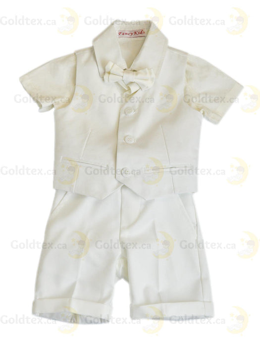 Formal Kids Wear - Stylish Boys Baptism Suit Set with Suspenders, Bow Tie & Vest – Choose Blue, Brown, White, or Polka Dot (3m to 30m)