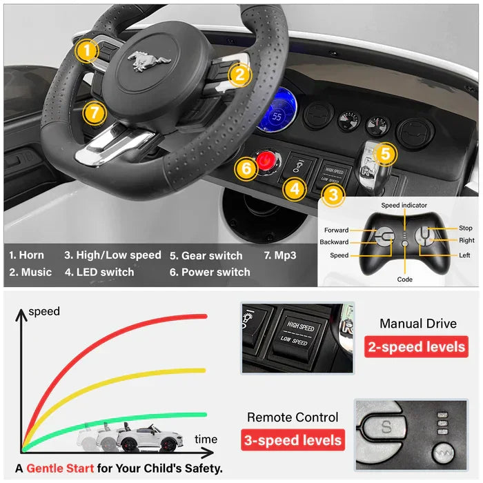 Freddo Toys - Voltz Toys Ford Mustang 24V Ride-On Car for Kids with Drift Mode & LED Lights