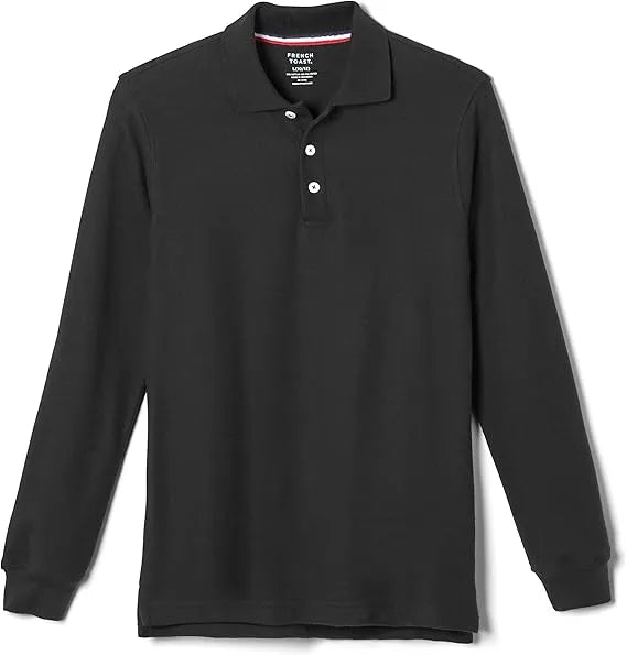 Black long sleeve kids pique polo shirt with collar and button placket, school uniform style