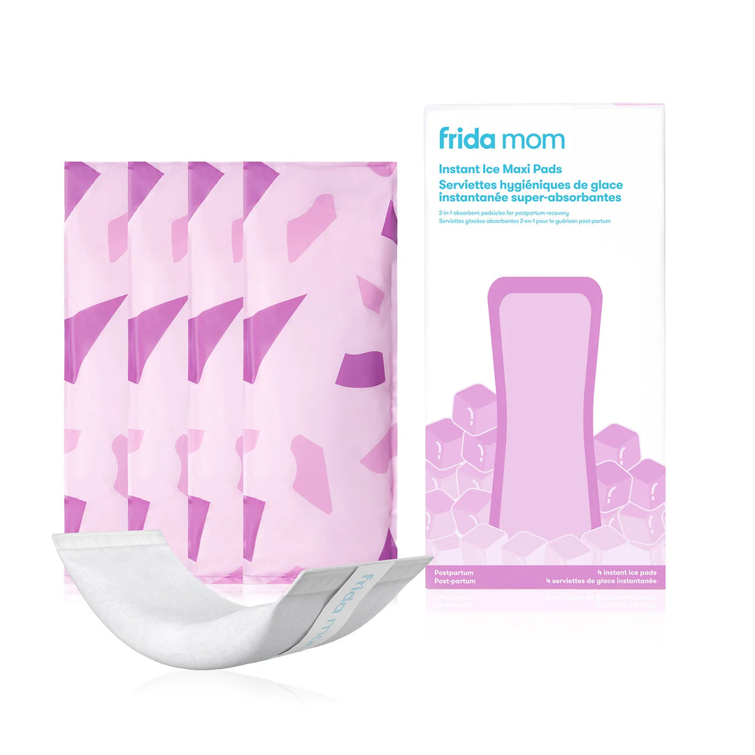 Frida Mom Instant Ice Maxi Pads boxed set with four individually wrapped pads and one pad displayed in front.