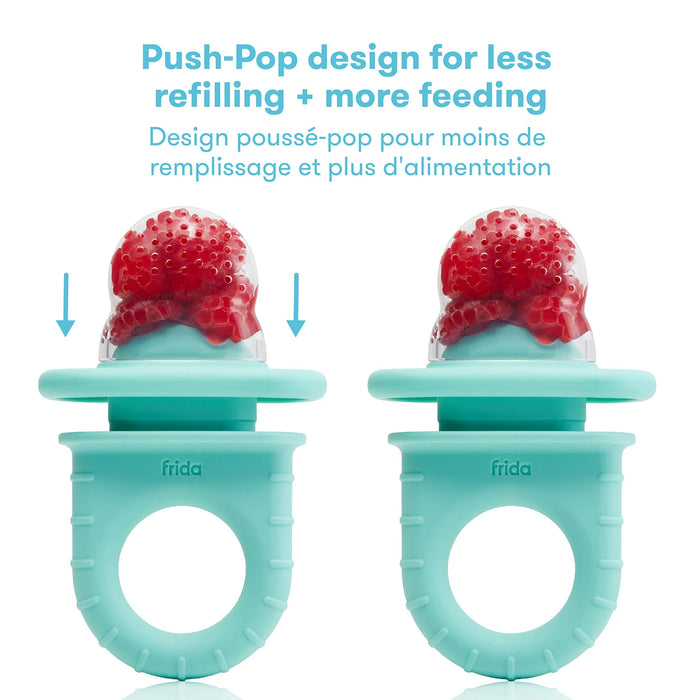 Frida Baby Push Pop Feeder filled with fruit, shown upright on a white background.