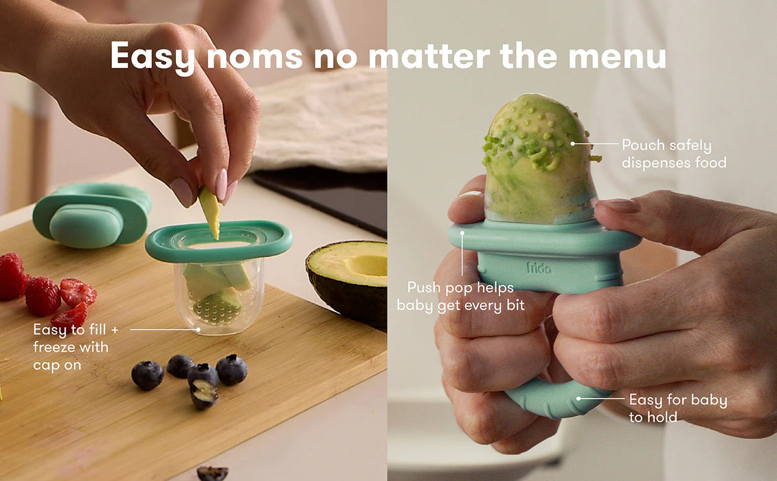 Frida Baby Push Pop Feeder shown being filled with fruit and held for dispensing food to babies.