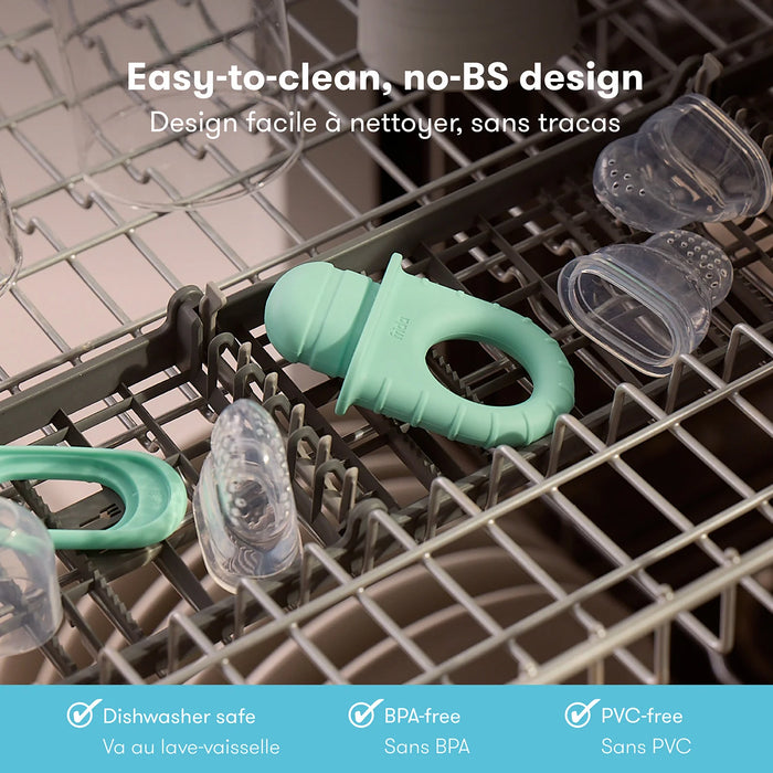 Frida Baby Push Pop Feeder in a dishwasher with cleaning parts, showing easy-to-clean design.