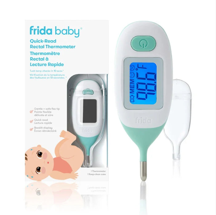 Frida Baby Quick-Read Rectal Thermometer with box, protective cap, and digital display shown.