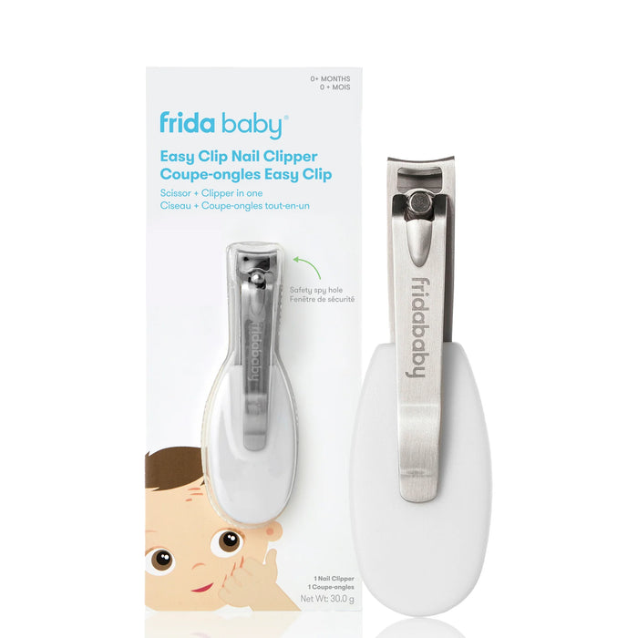 FridaBaby Easy Clip Nail Clipper for babies shown in packaging with safety handle visible.