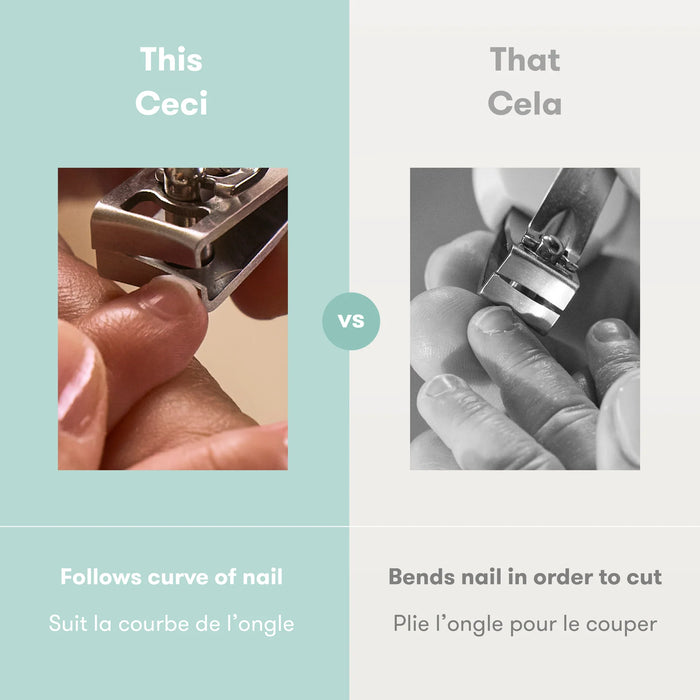 Frida Baby Snipper Clipper comparison with standard nail clippers, showing close-up of each in use on nails.
