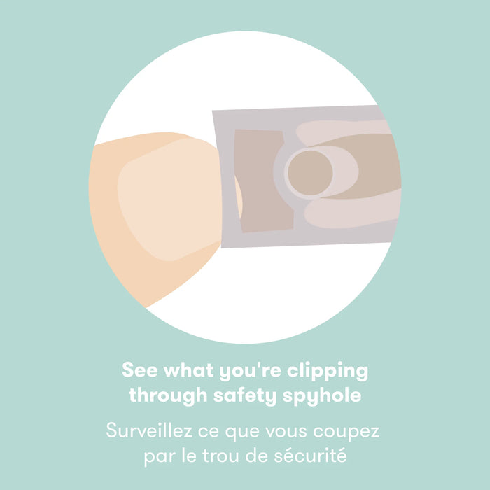 Frida Baby Snipper Clipper shown trimming a fingernail with a built-in safety spyhole.