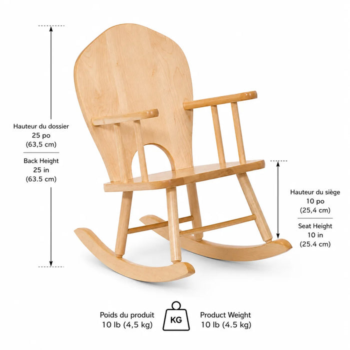 Full back solid maple wooden kids rocking chair - dimensions