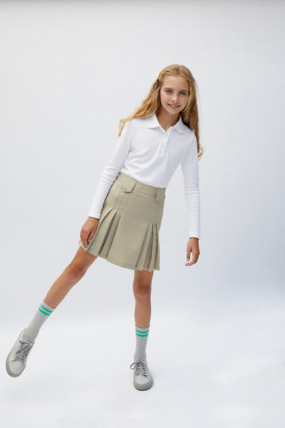 French Toast Girls School Uniform Long Sleeve Interlock Polo with Picot Collar - White - SA9424