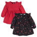 Gerber burgundy floral baby dress set with one plain and one cherry print dress laid flat on white background.