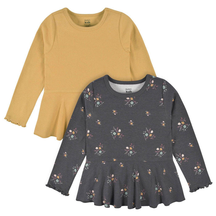Ensemble de 2 Chandails Floraux à Taille Péplum Gerber®  pour Bébé et Fillette – Manches Longues, Tailles 12M à 5T