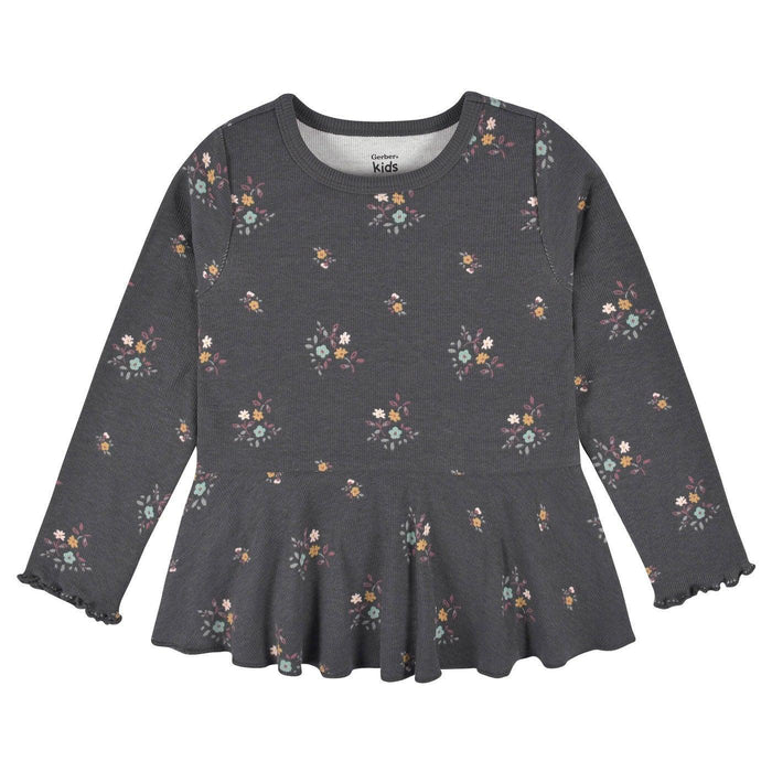 Ensemble de 2 Chandails Floraux à Taille Péplum Gerber®  pour Bébé et Fillette – Manches Longues, Tailles 12M à 5T