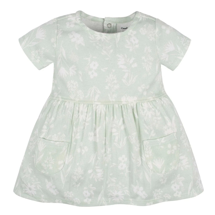 Gerber - Gerber Baby Girl Cotton Dress – Floral Infant Dress with Pockets & Easy Snap Back - Sage Wildflower - 0-9m