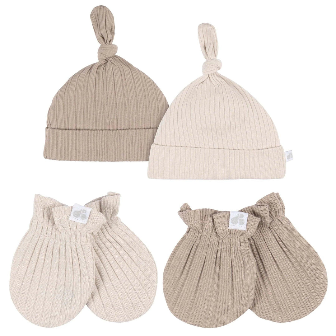 Gerber - Just Born by Gerber Baby Neutral 4-Piece Hat and Mittens - TAN