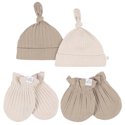 Gerber - Just Born by Gerber Baby Neutral 4-Piece Hat and Mittens - TAN