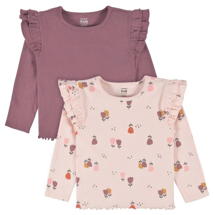 Gerber toddler double ruffle tops in burgundy and pink floral, displayed flat side by side.