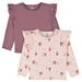 Gerber toddler double ruffle tops in burgundy and pink floral, displayed flat side by side.