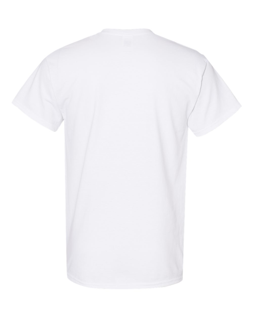 Gildan heavy cotton t-shirt in white shown from the back on a plain white background.