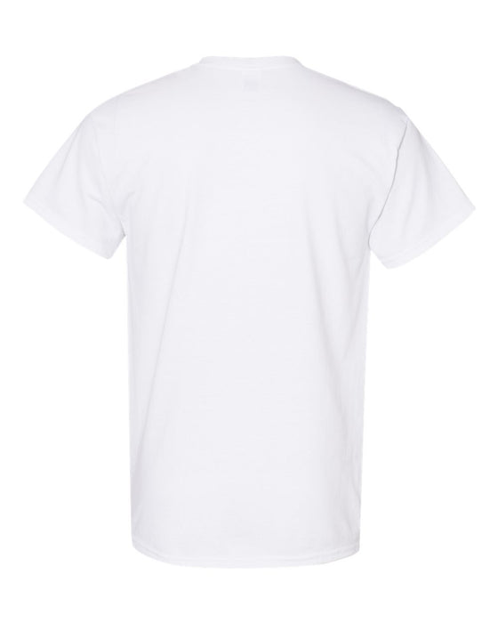 Gildan heavy cotton t-shirt in white shown from the back on a plain white background.