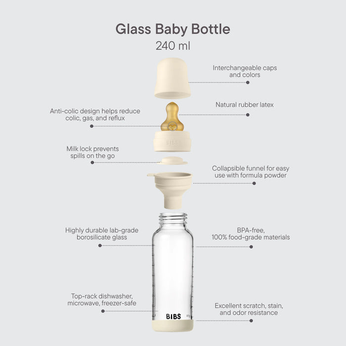 BIBS glass baby bottle 240ml with latex nipple and cap parts shown separately on a grey background.