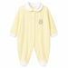 Baby pyjama yellow footed sleeper with teddy bear embroidery, displayed on white background.