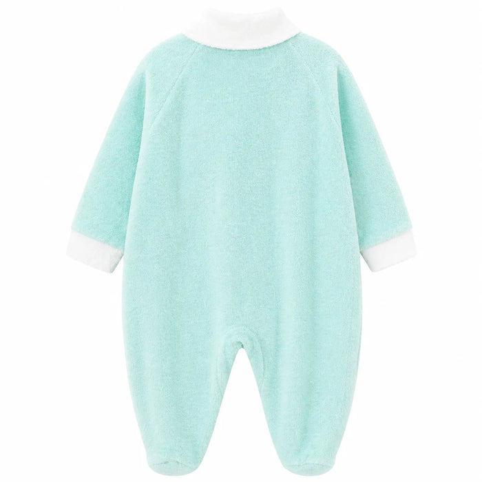 Baby pyjama in light blue fleece with white collar and cuffs, shown laid flat on a white background.