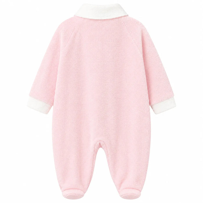 Baby pyjama in light pink with white cuffs and collar, shown flat on a white background.