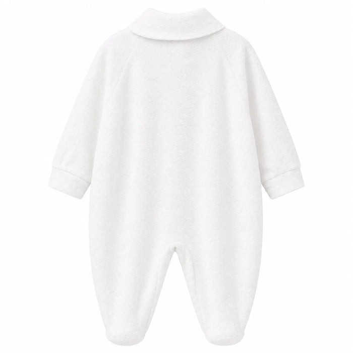 White baby pyjama one-piece laid flat on a white background, showing the back view.