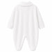 White baby pyjama one-piece laid flat on a white background, showing the back view.