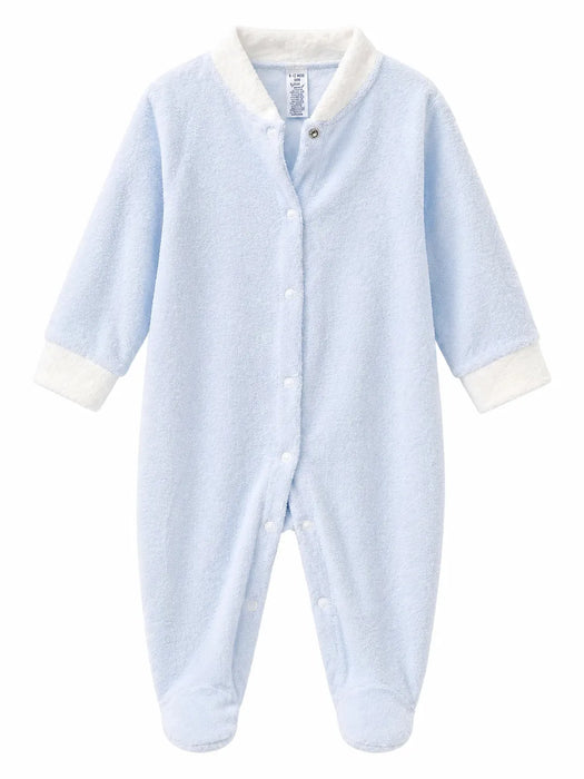 Goldtex GT10 baby romper in light blue with white cuffs and collar, displayed flat on a white background.