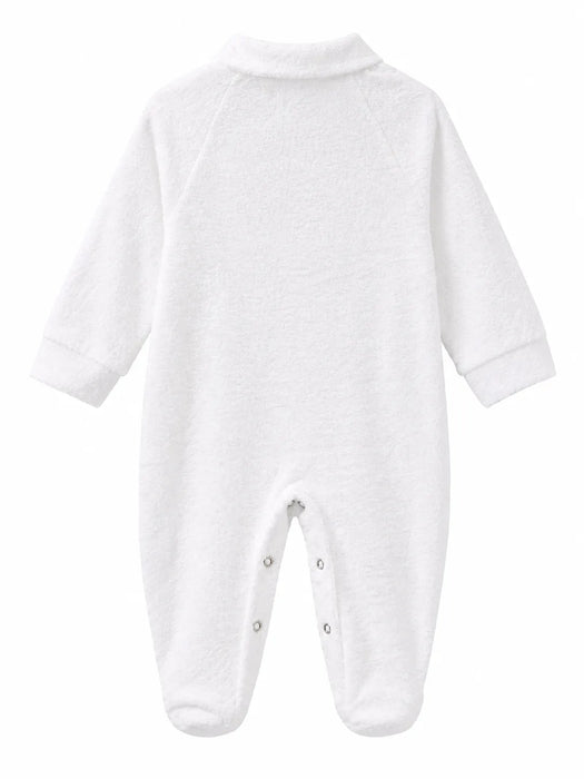 Goldtex GT10 baby romper in white, shown flat from the back to display snap closures and full-length sleeves.