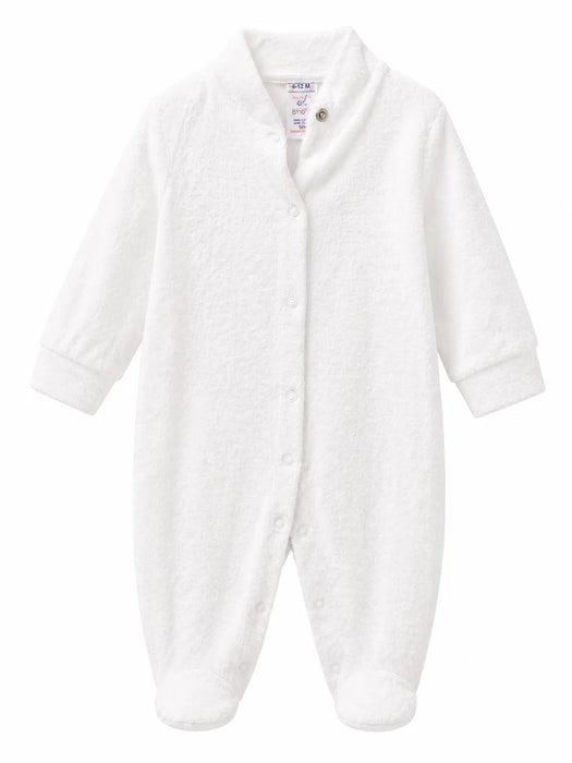 Goldtex GT10 baby romper in white terry fabric displayed against a white background.