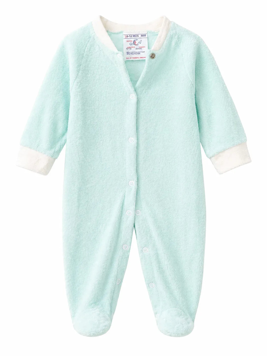 Goldtex GT10 baby romper in light blue terry fabric, displayed flat with snap buttons.