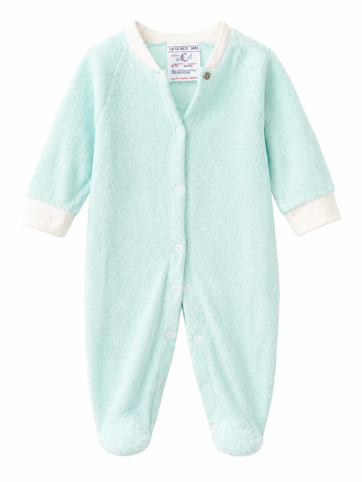 Goldtex GT10 baby romper in light blue terry fabric, displayed flat with snap buttons.