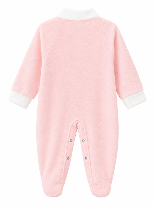 GT10 baby romper in light pink with white cuffs and collar, laid flat on a white background.
