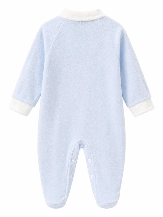 GT10 baby romper in light blue with white cuffs, shown flat on a white background, back view.